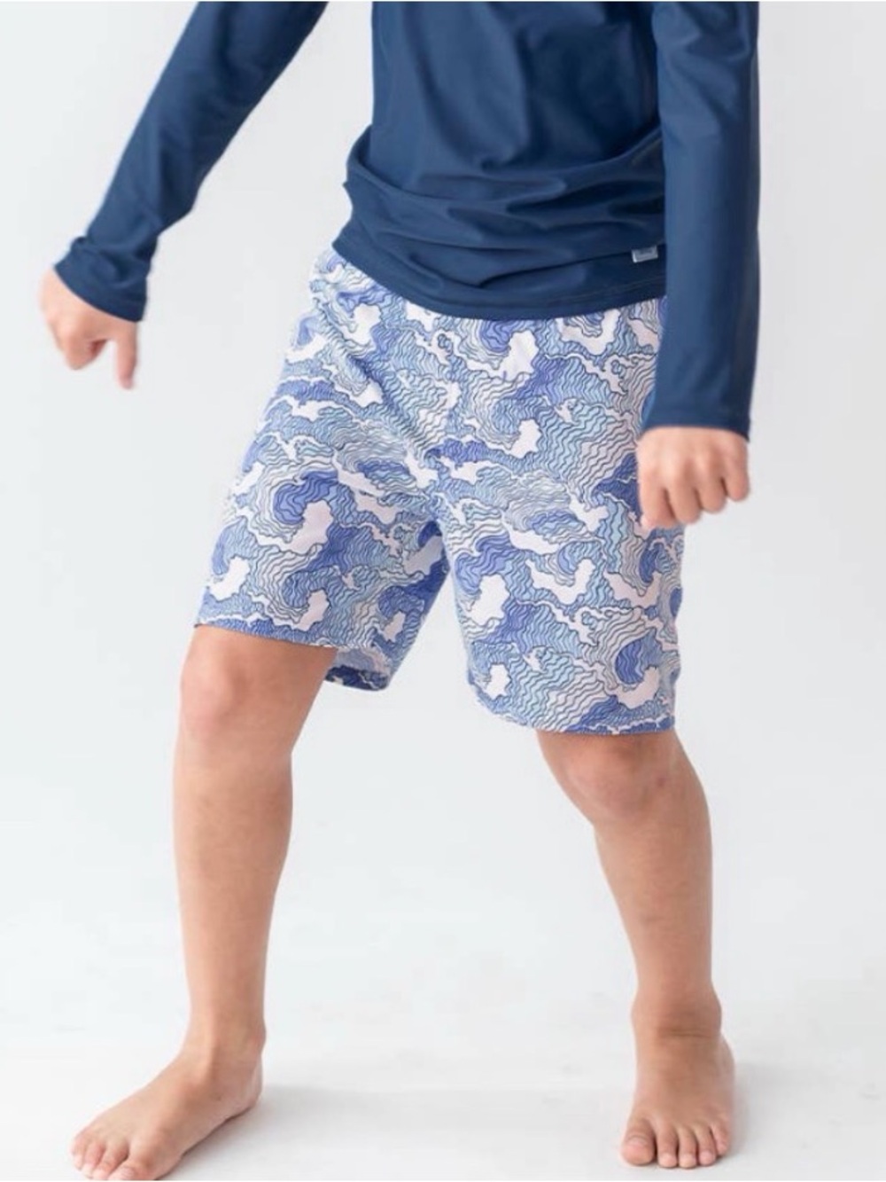 Boys Blue Wave-Pattern Swim Trunks
